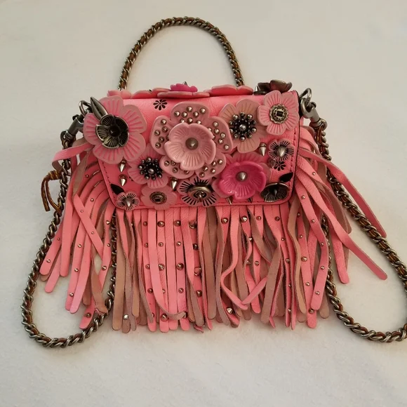 COACH PINK STUDDED WILD TEA ROSE DINKY FRINGE CROSSBODY RARE with COA - Picture 15 of 17
